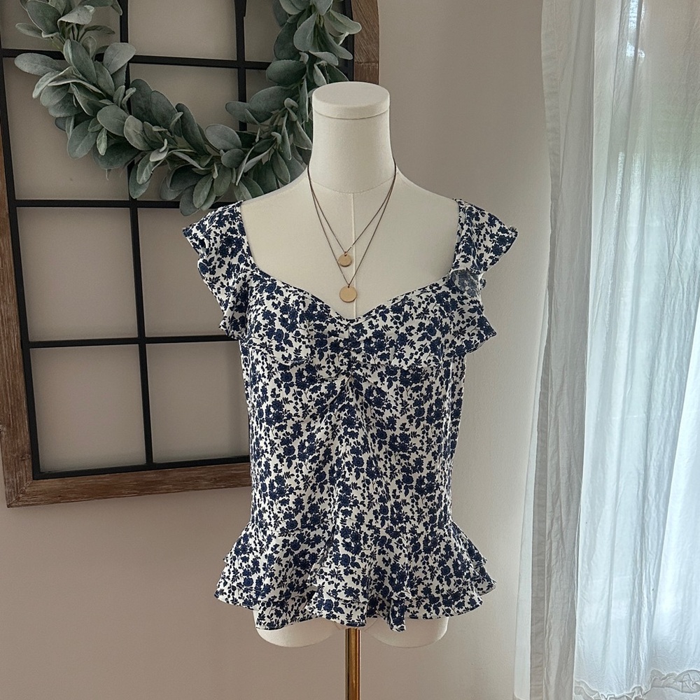 Sugarlips Blue and White Floral Ruffle Blouse
